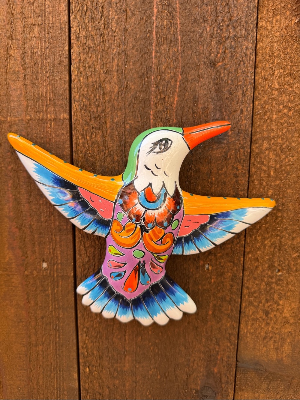 Colorful Hand-Painted Talavera Hummingbird Wall Decor - Orange & Multicolor